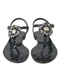 Women's Black Crystal Flats Sandals Flip Flops Shoes Rubber Leather