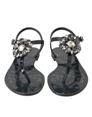 Women's Black Crystal Flats Sandals Flip Flops Shoes Rubber Leather