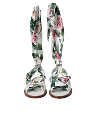Women's Multicolor Floral Print Ankle Wrap Sandals Shoes Calf Leather Cotton