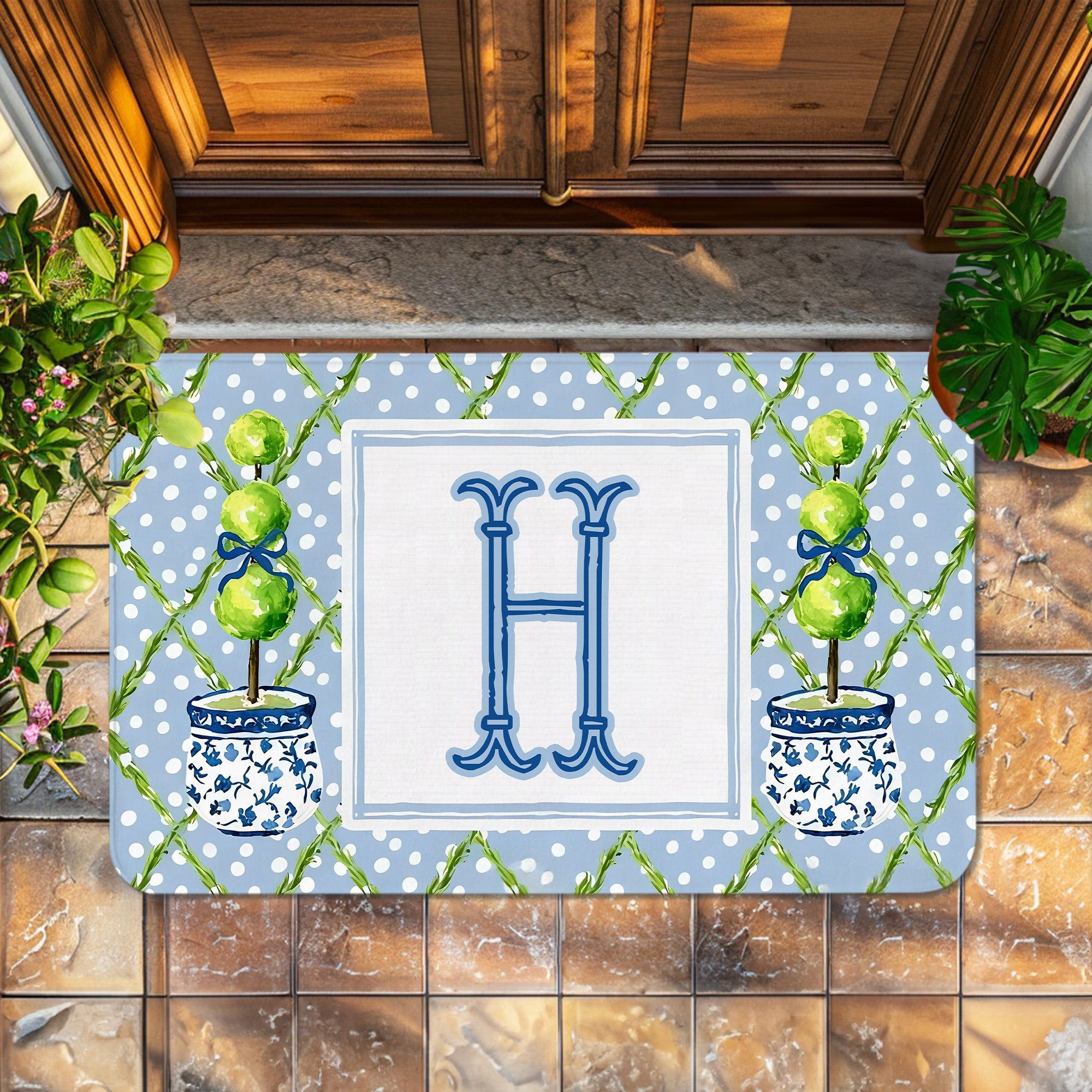 Chinoiserie Personalizada Inicial Azul Blanco Felpudo Decoración del Hogar Inauguración de la Casa Cumpleaños Regalo para la Familia Amigos