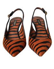 Women's Black Orange Zebra Leather Slingbacks Shoes Pony Hair