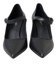Women's Black Leather Logo Heels Mary Janes Pumps Shoes Lamb