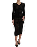 Women's Black Sheer Bodycon Sheath Midi Dress Viscose Silk