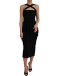 Women's Black Sheath Halter Sleeveless Midi Dress Viscose Nylon Elastane