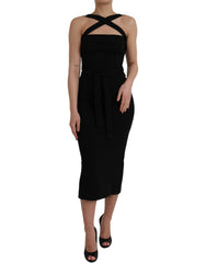 Women's Black Sheath Halter Sleeveless Midi Dress Viscose Nylon Elastane