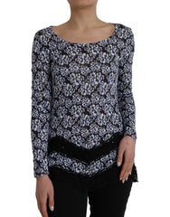 Women's Blue Floral Lace Long Sleeves Top Underwear Blouse Modal