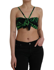 Women's Black Green Leaf Silk Halter Cropped Top Elastane