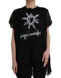 Women's Black Sacred Heart Print Cotton Lace T-Shirt Nylon