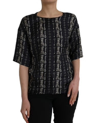 Women's Black Key Castle Print Silk Blouse T-Shirt