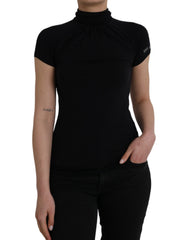 Women's Black Turtleneck Viscose Short Sleeve Top Elastane