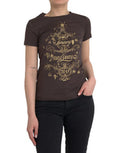 Women's Brown Crewneck 2017 Motive Print T-Shirt Cotton