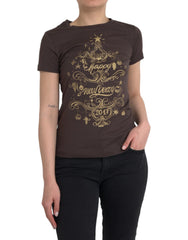 Women's Brown Crewneck 2017 Motive Print T-Shirt Cotton