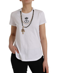 Women's White Cotton Necklace Short Sleeves T-Shirt
