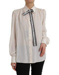 Women's Off White Long Sleeve Button Down Blouse Top Silk