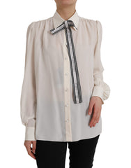 Women's Off White Long Sleeve Button Down Blouse Top Silk