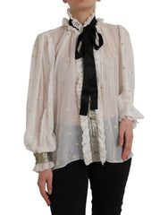 Women's Off White Silk Blend Ascot Collar Blouse Top Polyester