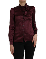 Women's Maroon Ascot Collar Long Sleeve Top Blouse Silk