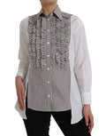 Women's White Stripes Cotton Long Sleeves Ruffle Collar Top
