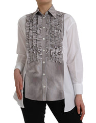 Women's White Stripes Cotton Long Sleeves Ruffle Collar Top