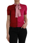 Women's Pink Short Sleeves Pullover Ascot Collar Top Silk