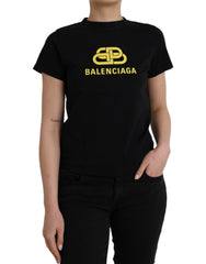 Women's Black Cotton Logo Print Crew Neck Short Sleeves T-Shirt