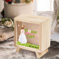 Personalizada de dibujos animados de la boda de la niña de las flores hucha de madera transparente con el nombre de la boda Favor Propuesta de agradecimiento de regalo para la niña de las flores