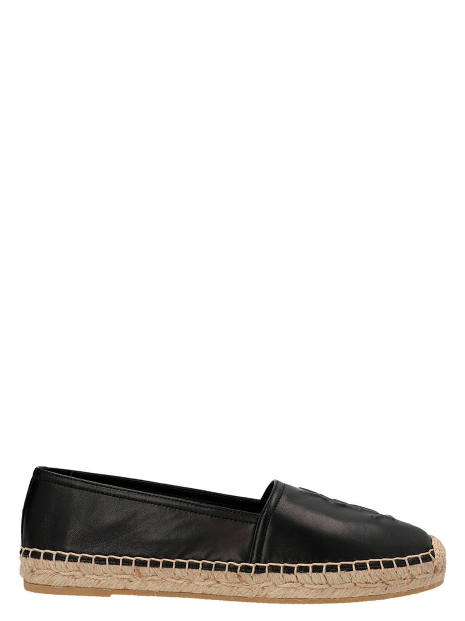 Saint Laurent Logo-Embossed Leather Espadrille Flat — Black