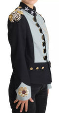 Women's Blue Button Crystal Embellished Cotton Jacket Elastane Clothing