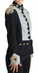 Women's Blue Button Crystal Embellished Cotton Jacket Elastane Clothing