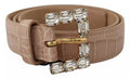 Beige Leather Crystal Buckle Women Belt Calf