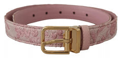 Women's Pink Jaquard Embroidered Gold Tone Metal Buckle Belt Leather