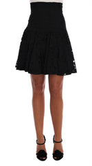 Women's Black Floral Cutout Lace A-Line Skirt Cotton