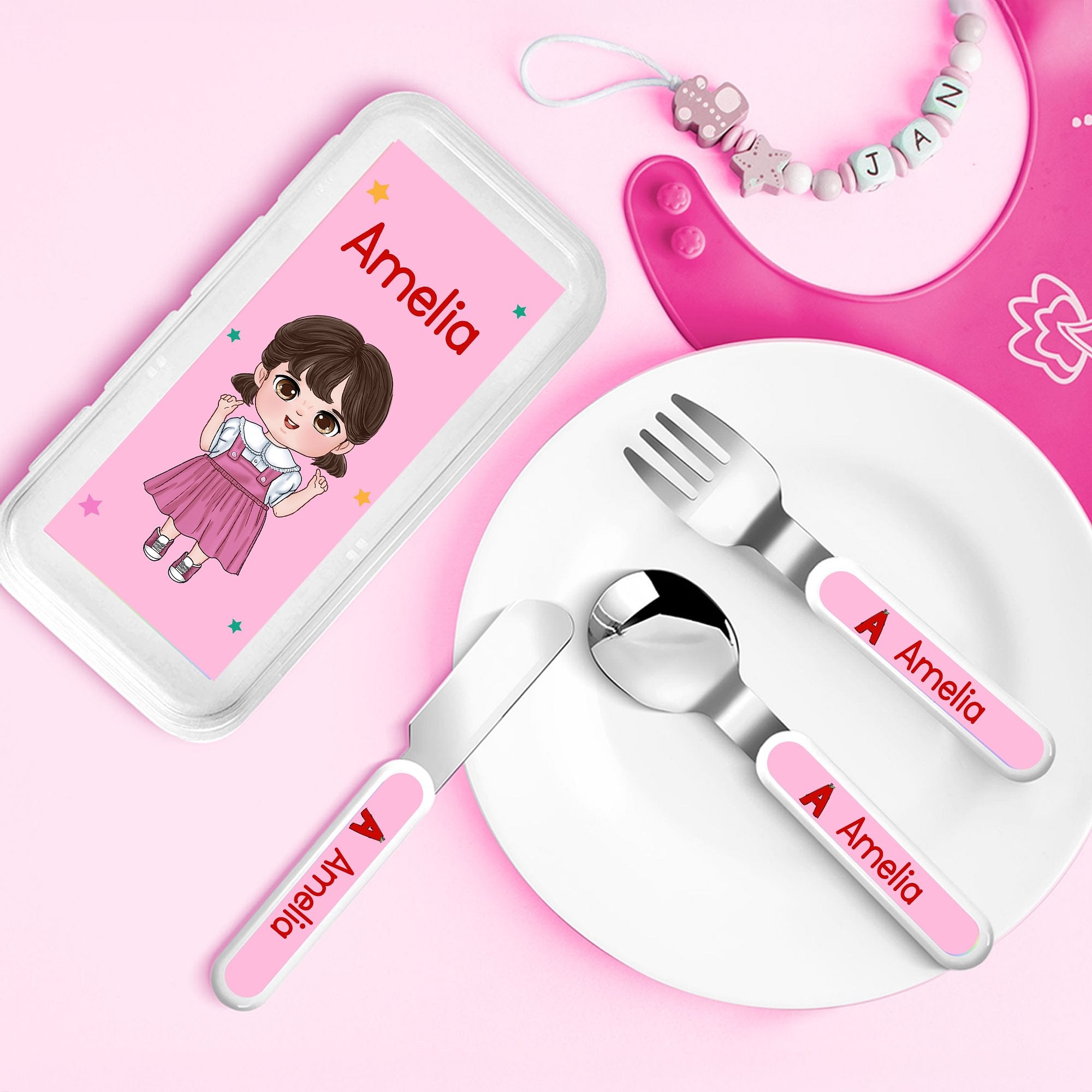 Juego de cubiertos de 3 piezas con nombre y estuche Regalo de cumpleaños de la temporada de vuelta al cole para niños y niñas