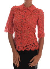 Women's Orange Crystal Buttons Floral Lace Blouse Cotton