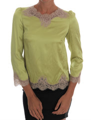Women's Green Silk Stretch Blouse Top Cotton