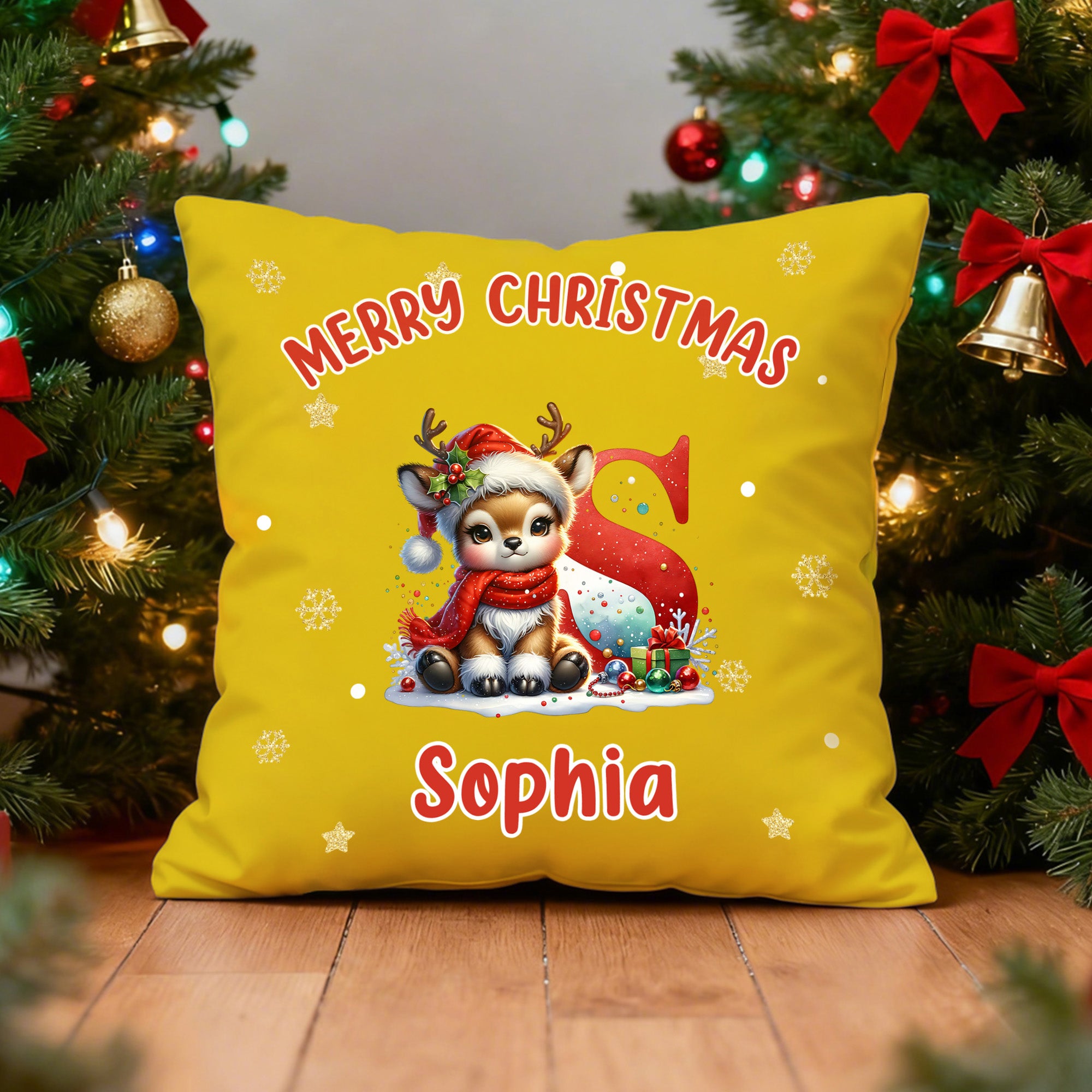 Reno Personalizado Inicial Multicolor Suave Funda de Almohada con Nombre Decoración del Hogar Regalo de Navidad para la Familia Niños