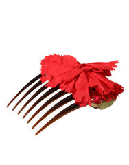Red Silk Floral Gold Brass Women Hair Comb Accessory