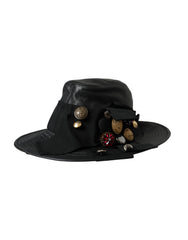 Women's Black Leather Dg Coin Crystal Wide Brim Hat Bull Cotton Acetate