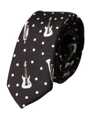 Men's Black Guitar Print Silk Adjustable Tie