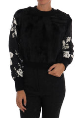 Women's Black Fur Floral Brocade Zipper Sweater Goat Clothing