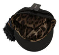 Women's Black Leather Crystal Beads Gold Ribbon Fiddler Cap Accessory