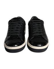 Black Leather Men Low Top Sneakers Shoes And White Caiman