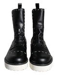 Women's Black Leather Combat Mid Calf Boots Shoes And White