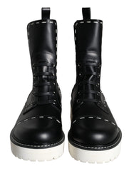 Women's Black Leather Combat Mid Calf Boots Shoes And White
