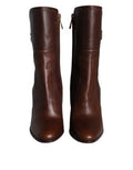 Women's Brown Leather Heels Mid Calf Boots Shoes