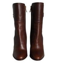 Women's Brown Leather Heels Mid Calf Boots Shoes