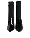 Women's Black Stretch Stilettos Booties Socks Shoes Nylon Calf Leather Elastane