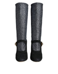 Women's Black Crystal Mary Janes Booties Shoes And Gray Nylon Spandex (stretch)