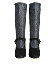 Women's Black Crystal Mary Janes Booties Shoes And Gray Nylon Spandex (stretch)