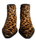 Women's Brown Leopard Calf Fur Ankle Boots Shoes Black And Lamb Leather